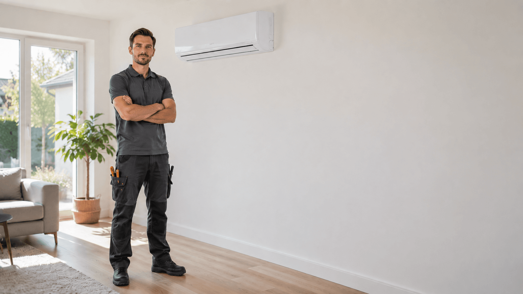 Klimatechniker steht mit verschränkten Armen vor einer montierten Split-Klimaanlage im Wohnraum