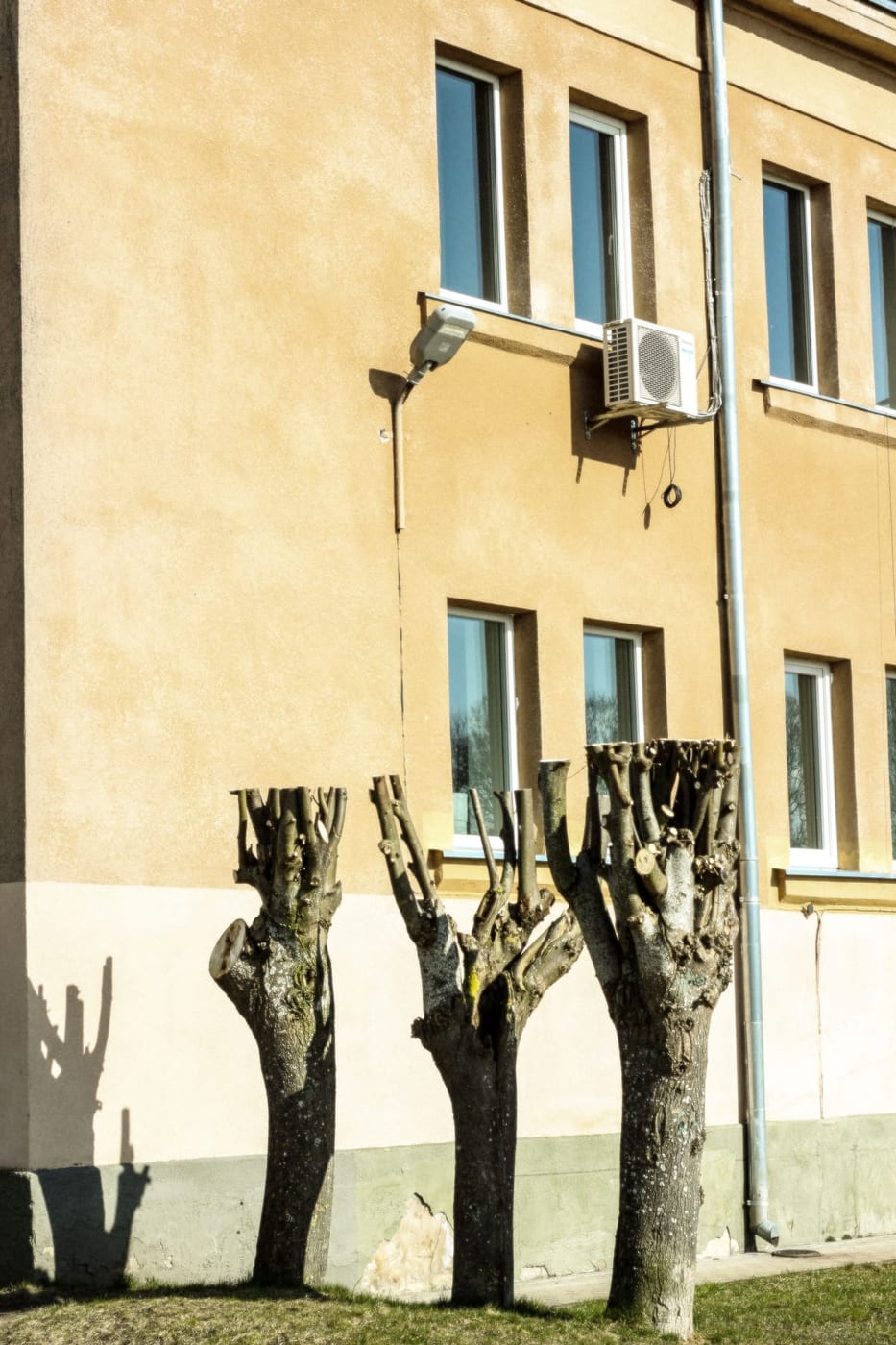 Vom Anlagenmechaniker gesetztes Klima-Außengerät an der Fassade eines Altbaus über beschnittenen Bäumen
